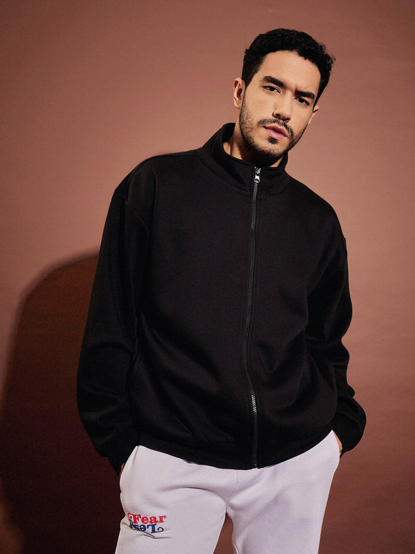 Men Black Front Zipper Oversized Sweatshirt | WomensfashionFun.com