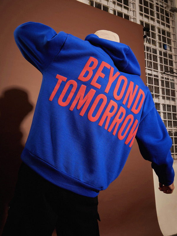 Men Blue BEYOND TOMORROW Oversized Zipper Hoodie | WomensfashionFun.com