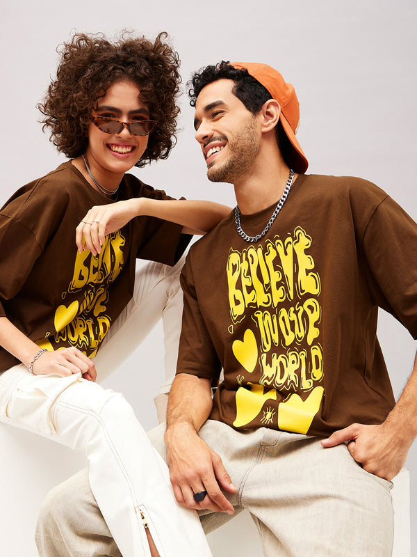 Unisex Brown BELIEVE Oversized T-Shirt | WomensfashionFun.com