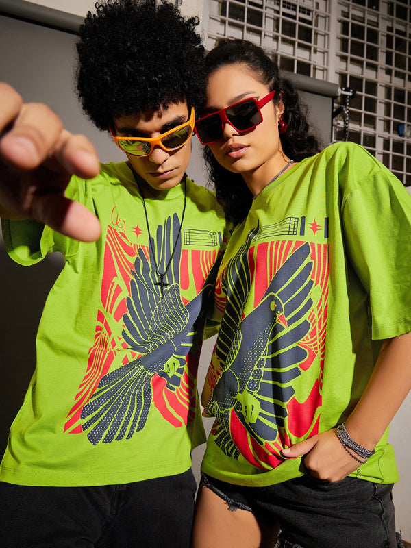 Unisex Green Bird Print Oversized T-Shirt | WomensfashionFun.com