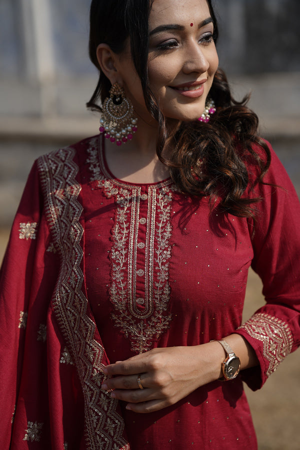 Maroon Silk Blend Solid Straight Kurta Trousers With Dupatta | WomensFashionFun.com