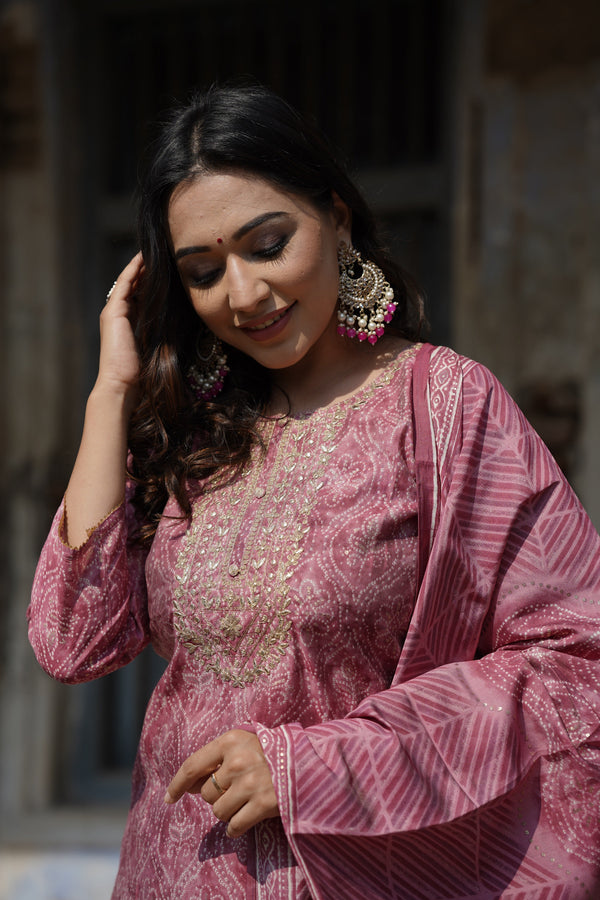 Pink Silk Blend Bandhani Print Embroidered Straight Suit Set | WomensFashionFun.com