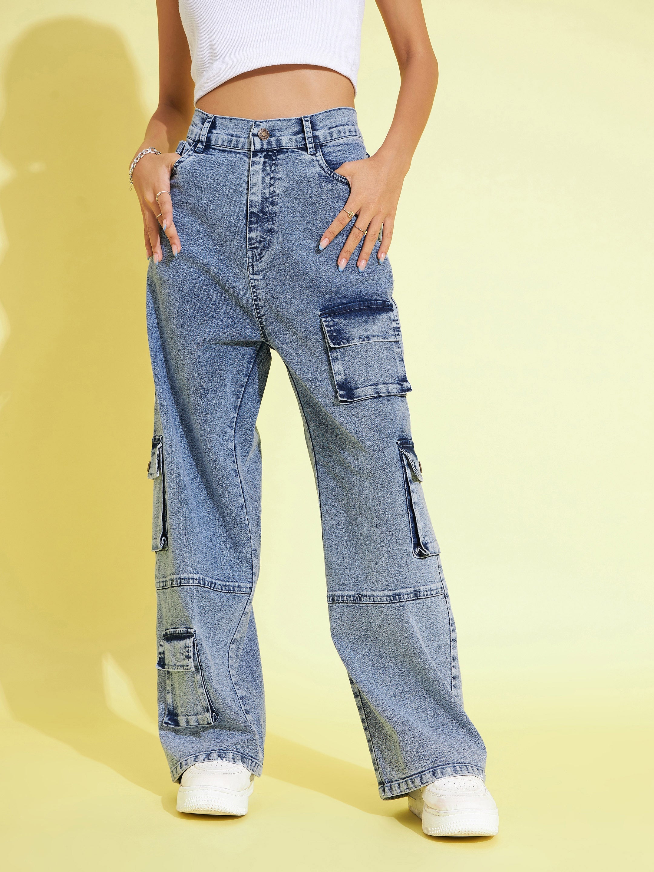 Girls Blue Acid Wash Tencel Patch Pocket Straight Pants