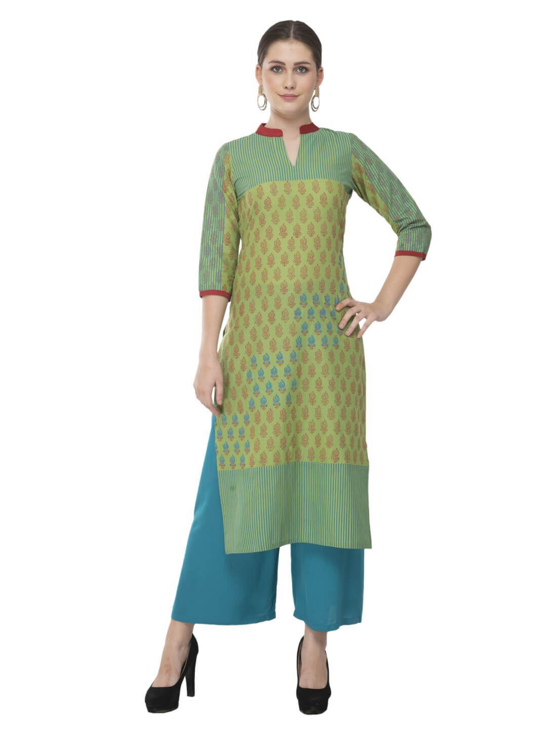 Pastel Green & Turquoise Hand Block Printed Cotton Kurta - Noor