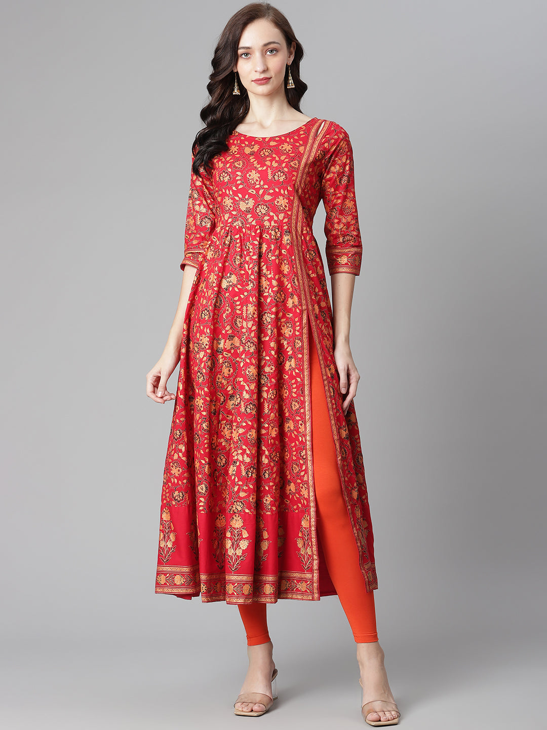 Women Red Cotton Printed Anarkali Kurta with Legging WomensFashionFun.com