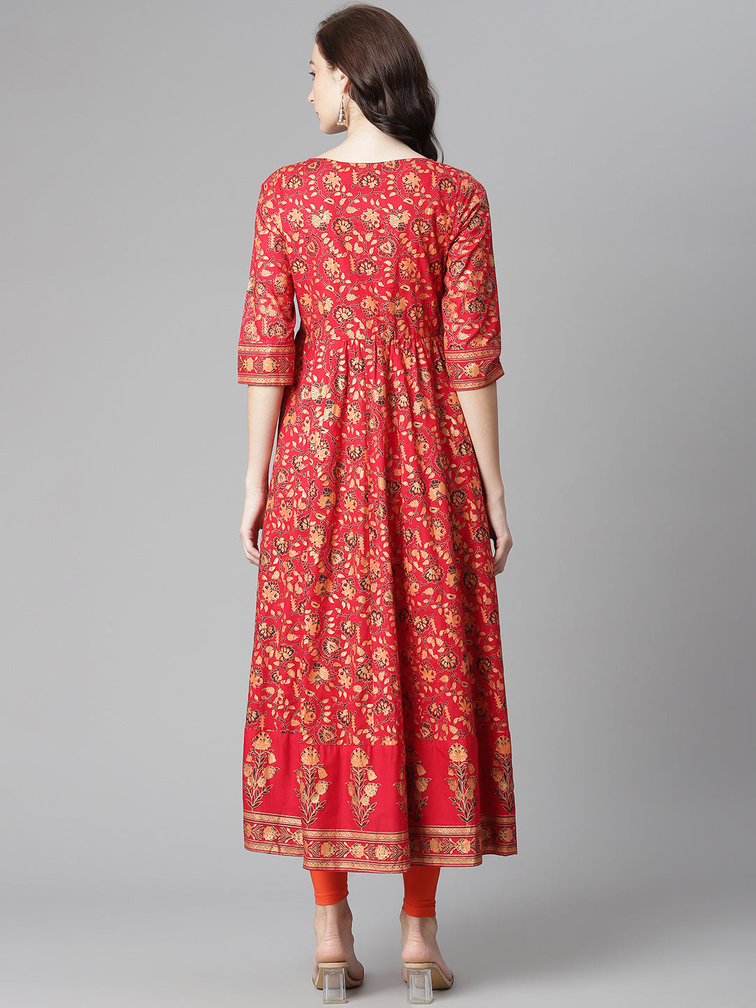 Women Red Cotton Printed Anarkali Kurta with Legging WomensFashionFun.com