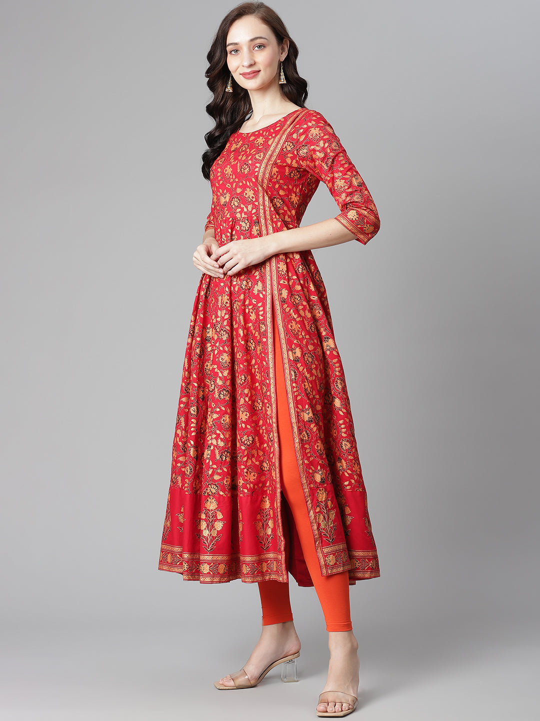 Women Red Cotton Printed Anarkali Kurta with Legging WomensFashionFun.com