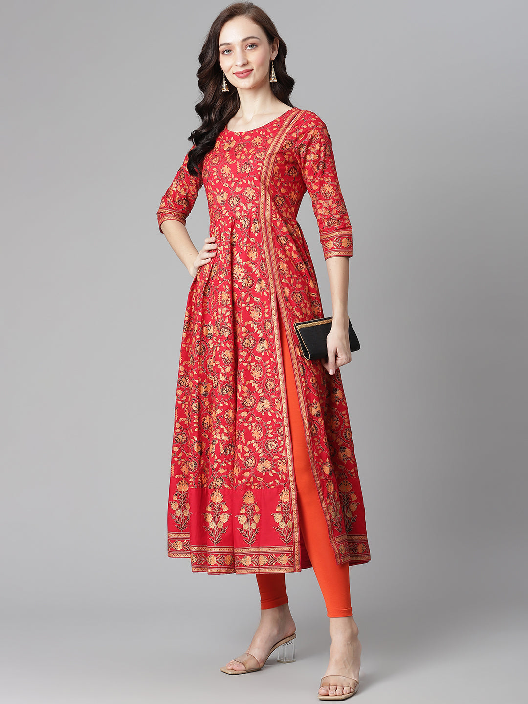 Women Red Cotton Printed Anarkali Kurta with Legging WomensFashionFun.com