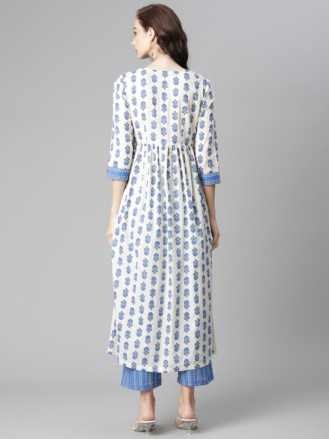 Women Off-White-Blue Cotton Printed Front Slit A-Line Kurta with Palazzo WomensFashionFun.com