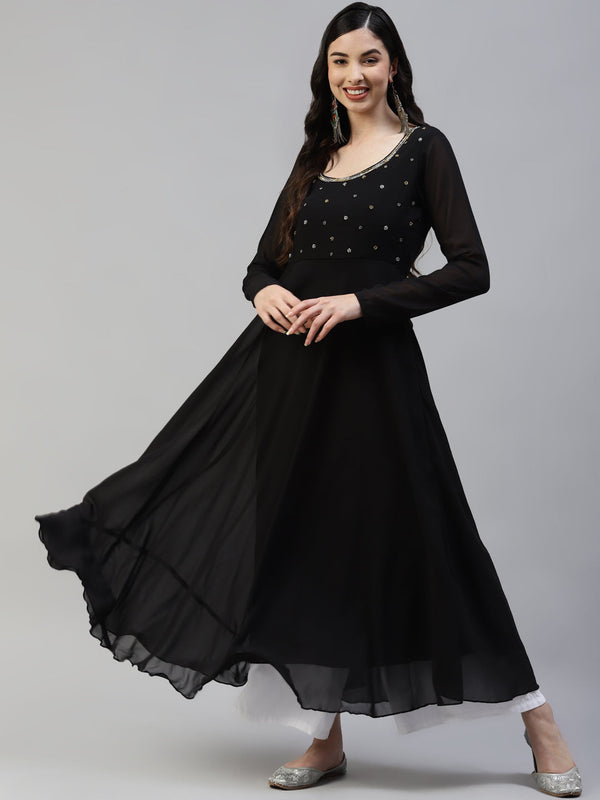 Women Black Georgette Hand Work Anarkali Kurta | WomensfashionFun.com