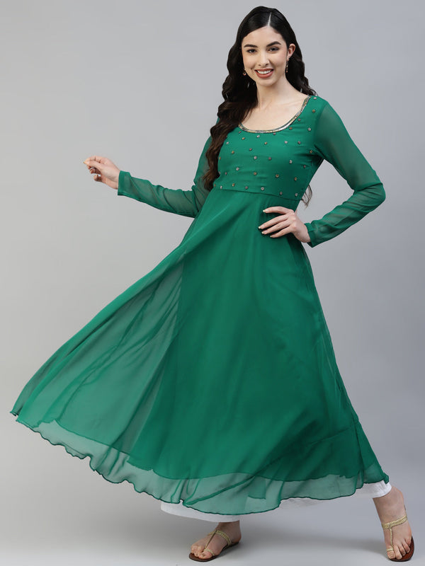 Women Green Georgette Hand Work Anarkali Kurta | WomensfashionFun.com