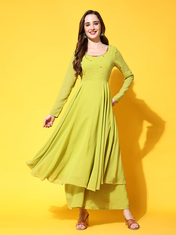 Women Lime Georgette Hand Work Anarkali Kurta | WomensfashionFun.com