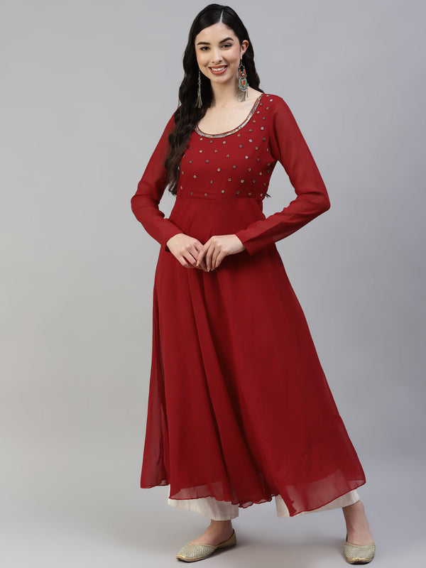 Women Maroon Georgette Hand Work Anarkali Kurta | WomensfashionFun.com