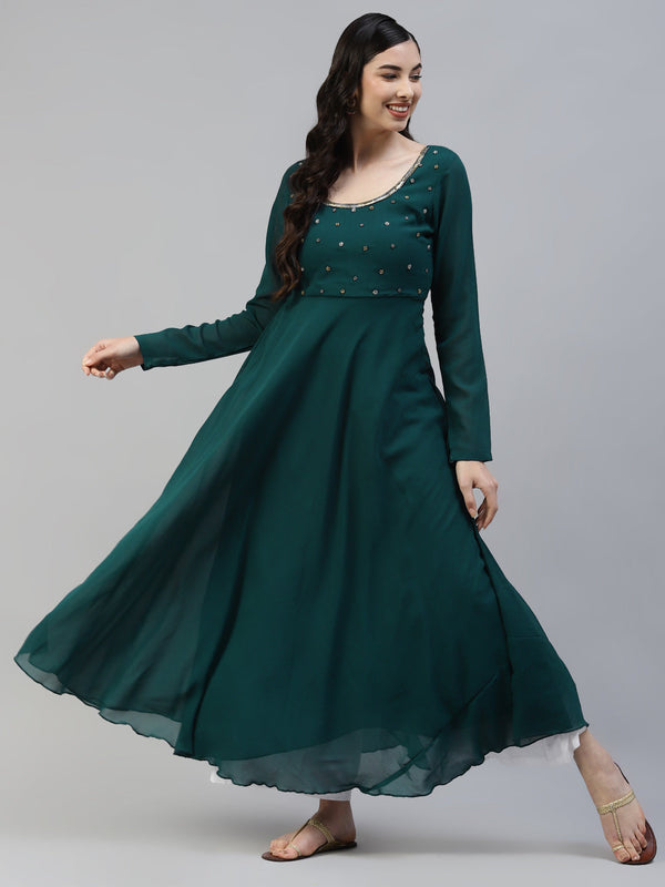 Women Green Georgette Hand Work Anarkali Kurta | WomensfashionFun.com