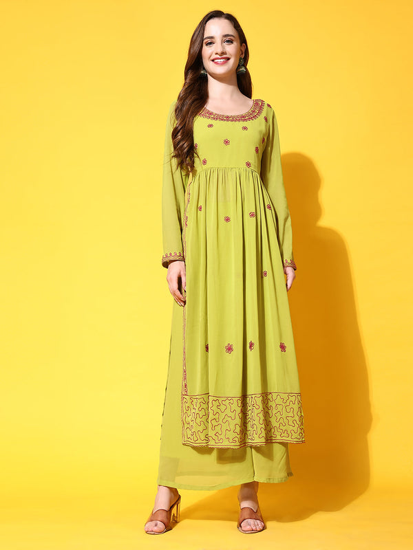 Women Lime-Green georgette Aari work A-Line Kurta with Sharara | WomensfashionFun.com