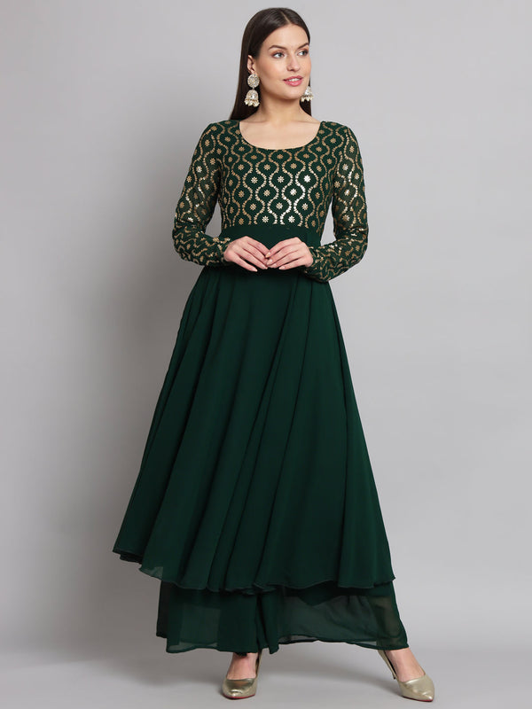 Women Green Georgette Foil print Anarkali Kurta | WomensfashionFun.com