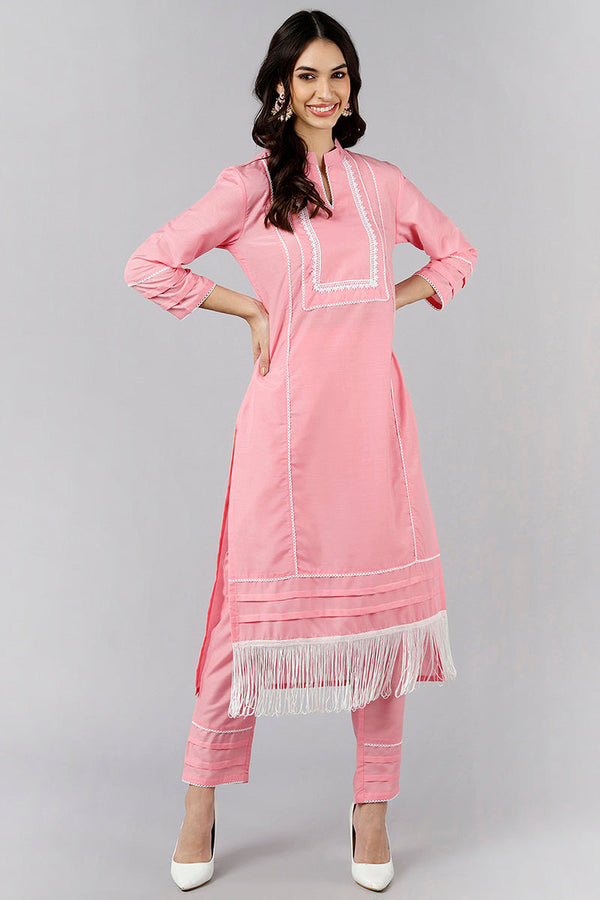 Pink Poly Silk Solid Straight Kurta Set | WomensFashionFun.com