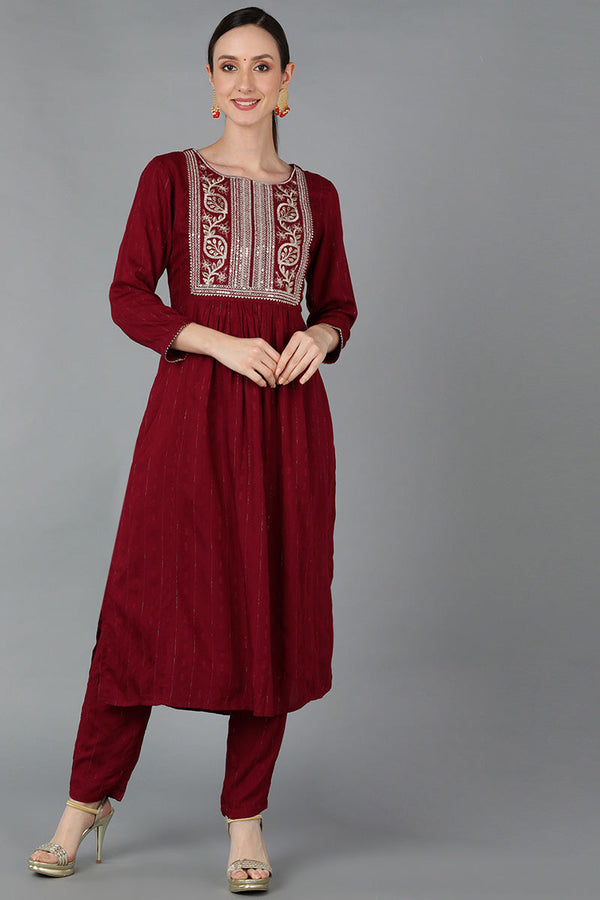 Maroon Silk Blend Yoke Design Solid Straight Kurta Set | WomensFashionFun.com