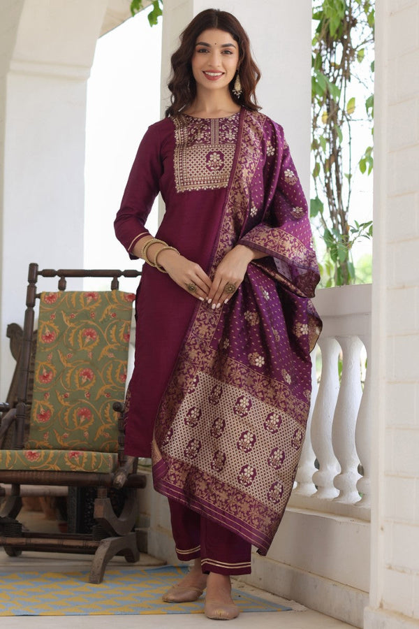 Burgundy Poly Silk Solid Straight Suit Set | WomensFashionFun.com