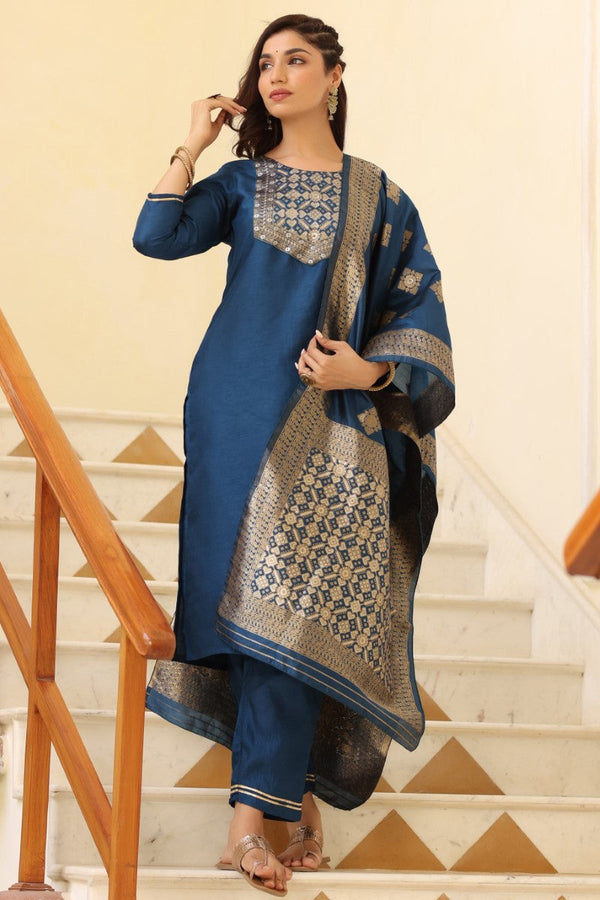 Blue Poly Silk Solid Straight Suit Set | WomensFashionFun.com