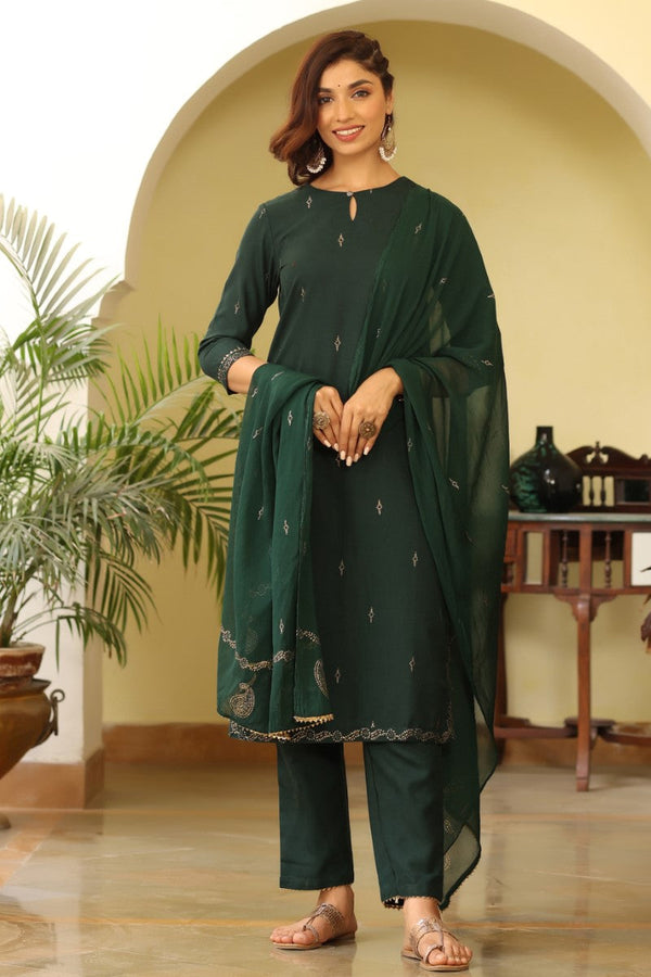 Green Poly Silk Straight Suit Set | WomensFashionFun.com