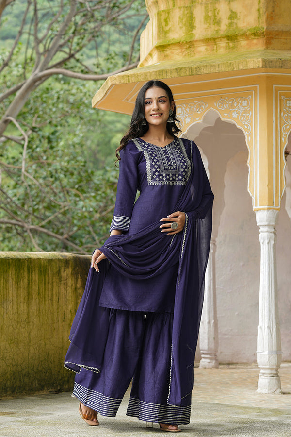 Navy Blue Poly Silk Straight Sharara Suit Set | WomensFashionFun.com