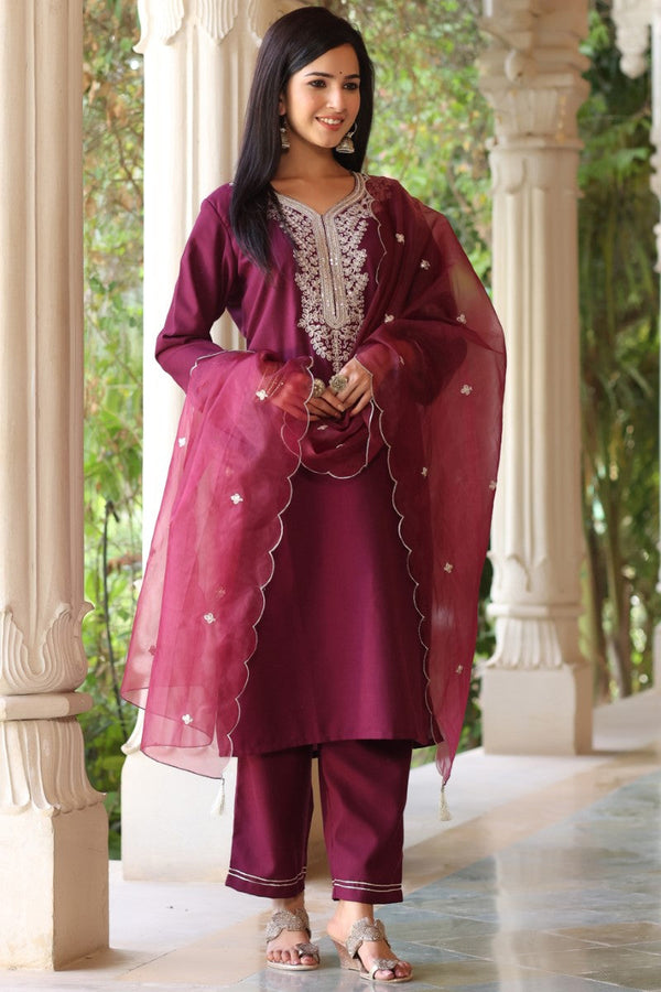 Wine Poly Silk Solid Embroidered Straight Suit Set | WomensFashionFun.com