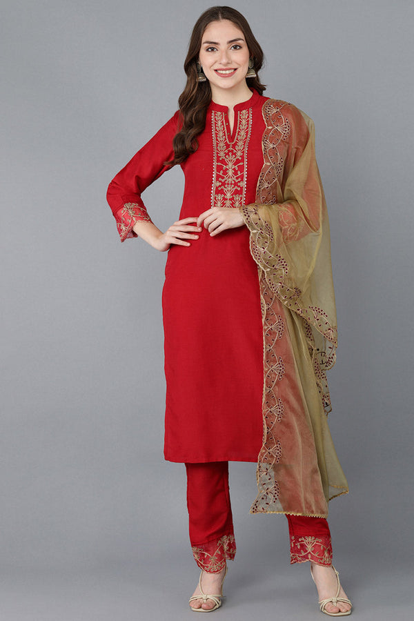 Red Poly Silk Solid Embroidered Straight Suit Set | WomensFashionFun.com