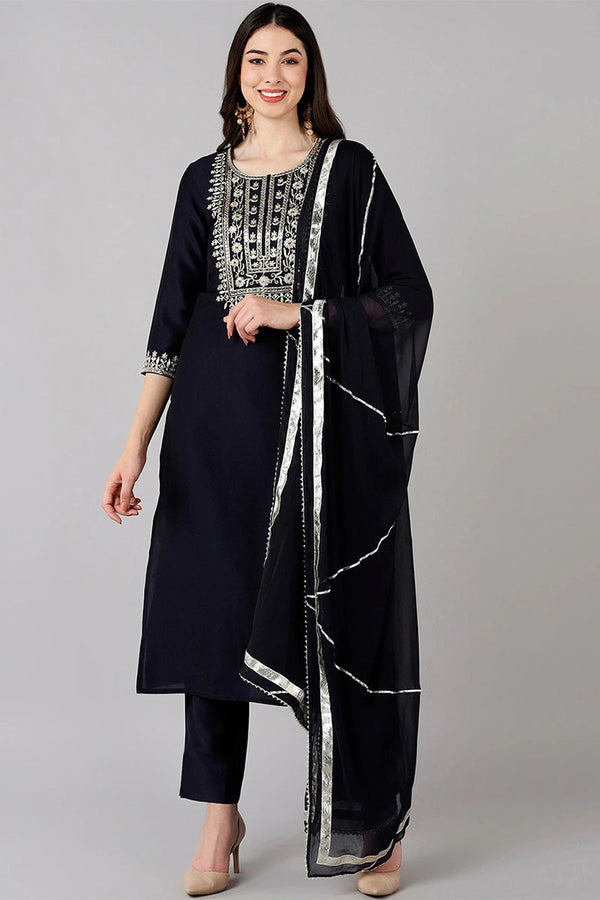 Navy Blue Polyester Straight Kurta Pant With Dupatta | WomensFashionFun.com