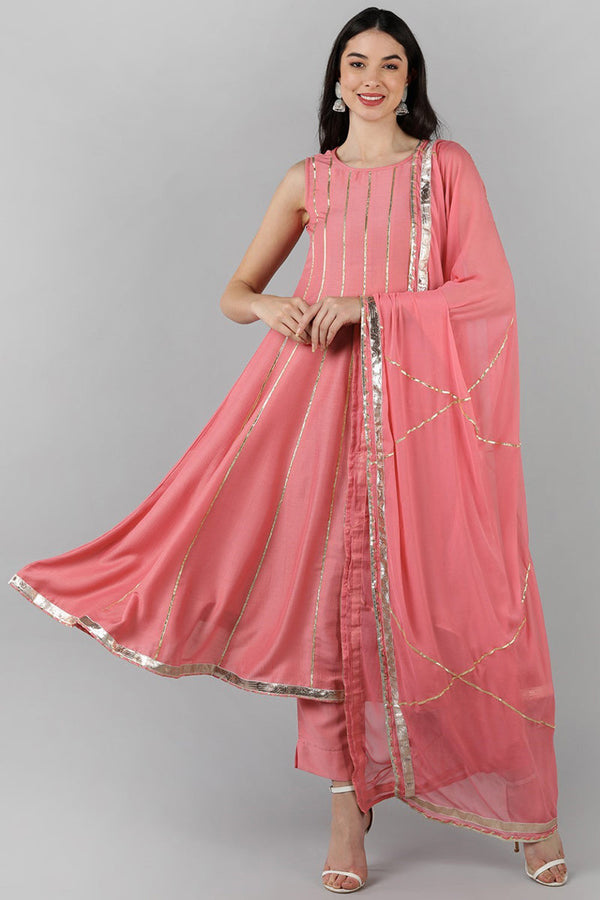 Pink Poly Silk Gotta Patti Anarkali Suit Set | WomensFashionFun.com