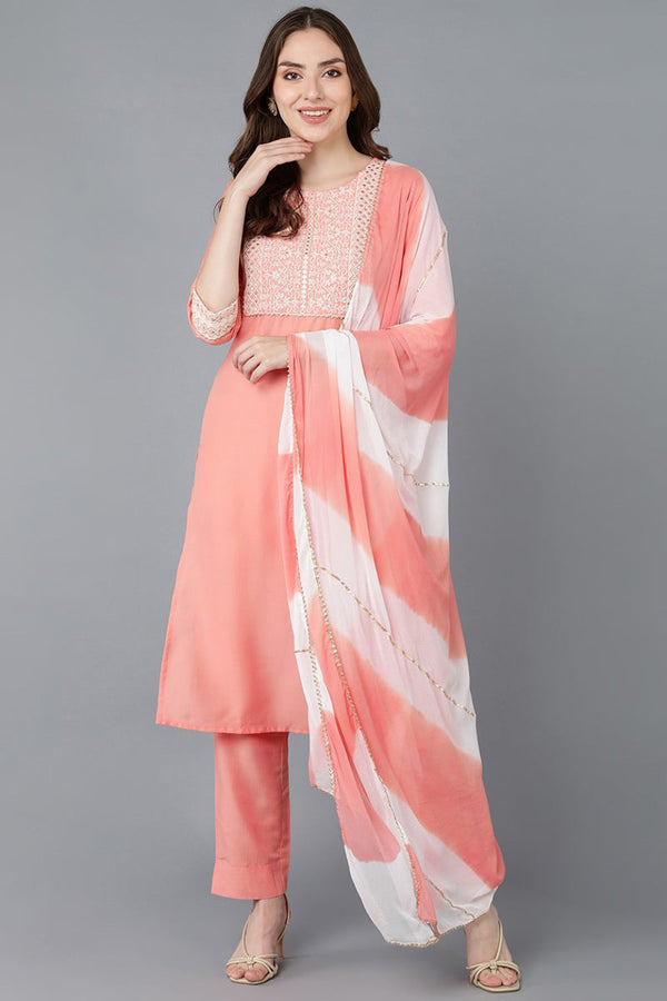 Peach Poly Silk Embroidered Straight Suit Set | WomensFashionFun.com