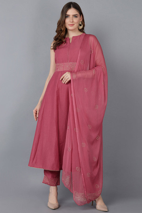 Pink Poly Silk Anarkali Kurta Pant With Dupatta | WomensFashionFun.com