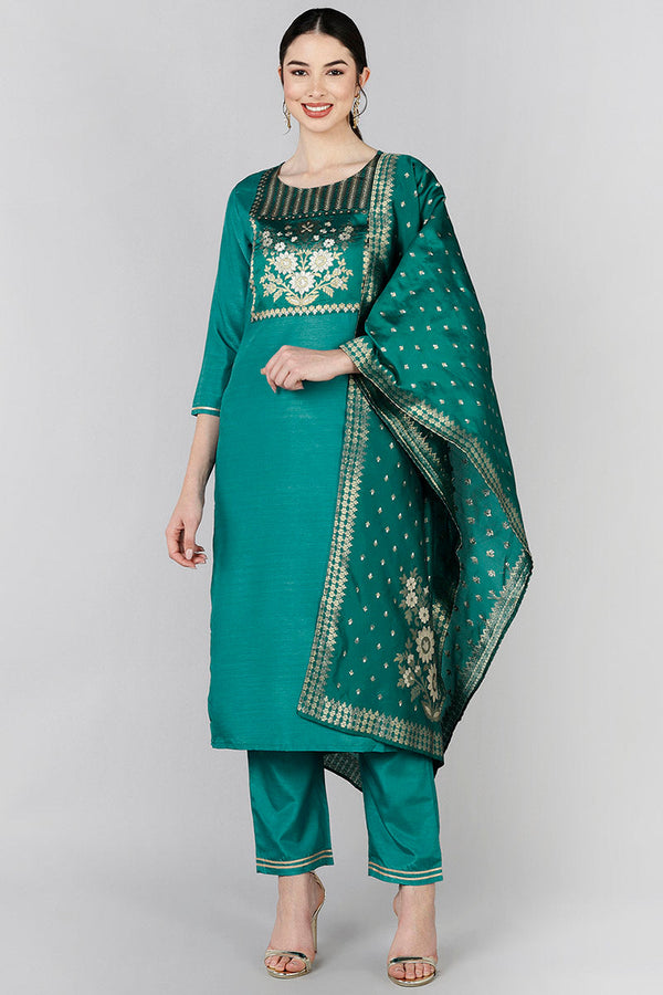 Teal Poly Silk Yoke Design Straight Suit Set | WomensFashionFun.com