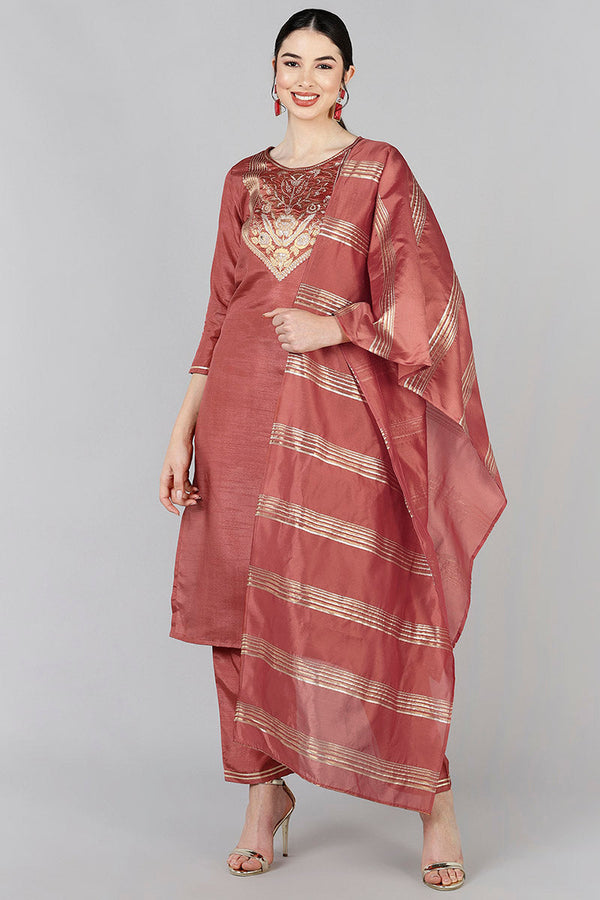 Rust Poly Silk Yoke Design Straight Suit Set | WomensFashionFun.com