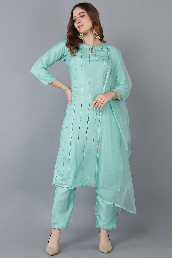 Sea Green Poly Silk Straight Suit Set | WomensFashionFun.com