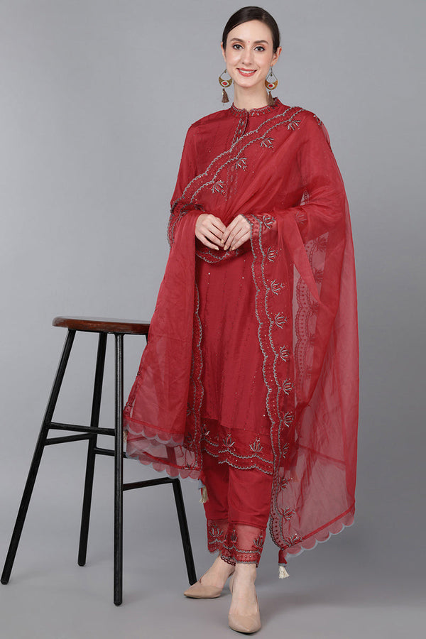 Red Poly Silk Sequin Embroidery Straight Suit Set | WomensFashionFun.com