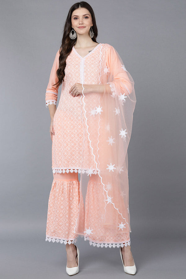 Peach Poly Silk Straight Sharara Suit Set | WomensFashionFun.com