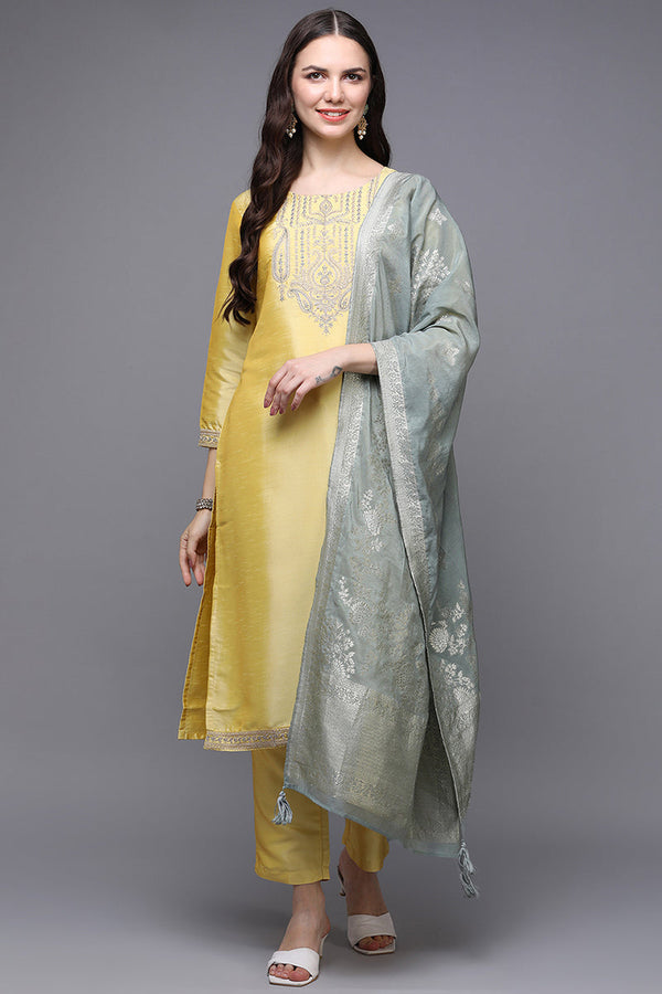 Yellow Poly Silk Floral Straight Suit Set | WomensFashionFun.com