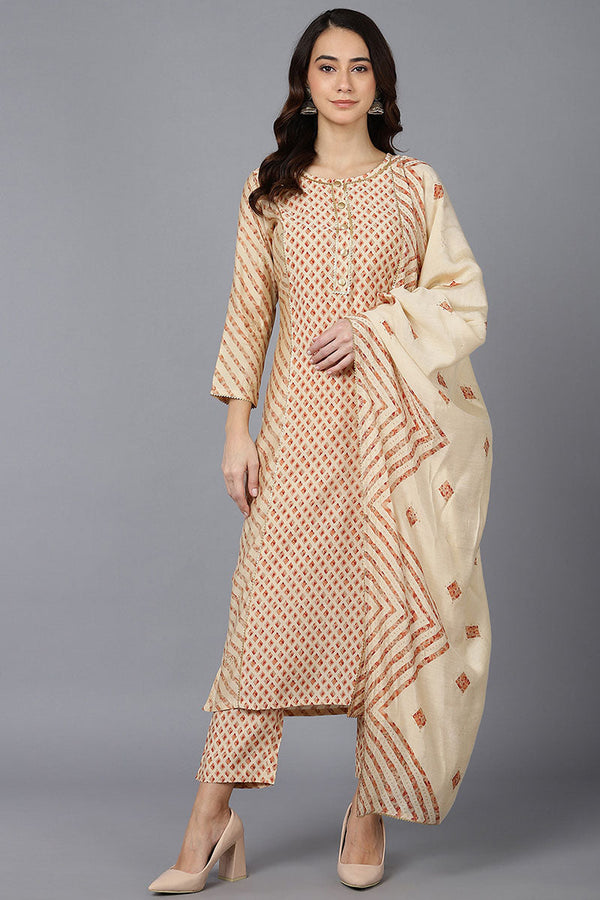 Cream Poly Silk Straight kurta Pant With Dupatta | WomensFashionFun.com