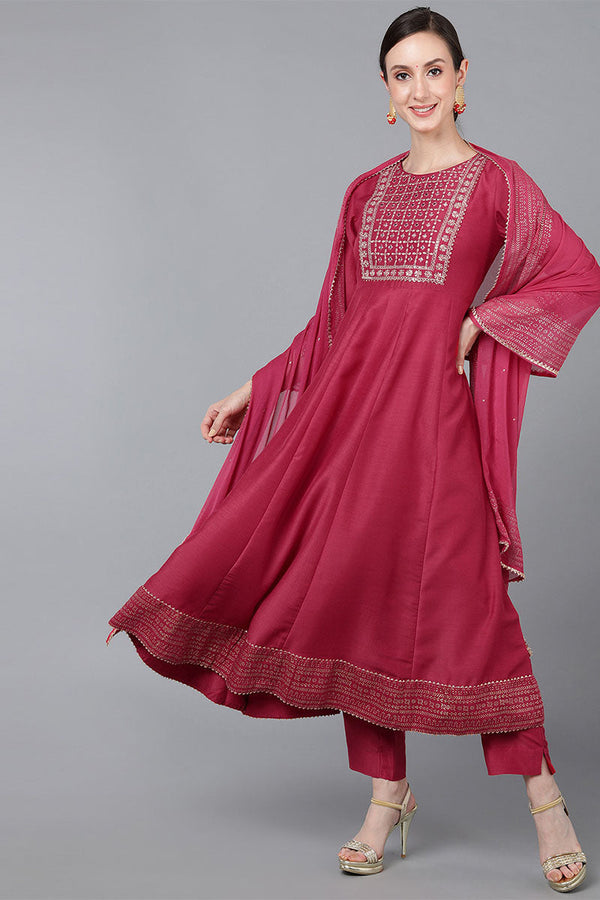 Rose Poly Silk Solid Yoke Design Kurta Trousers With Dupatta | WomensFashionFun.com