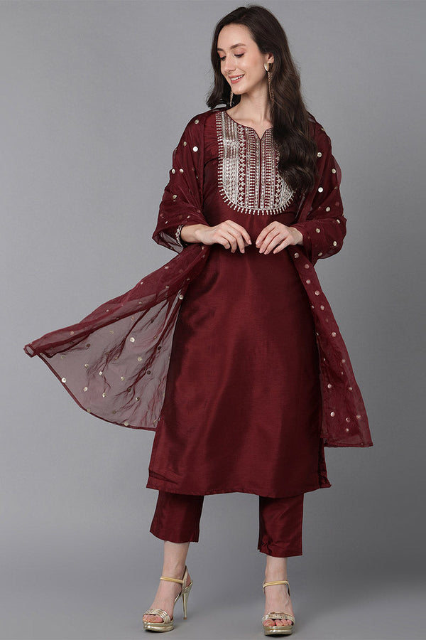 Maroon Poly Silk Solid Yoke Design Kurta Trousers With Dupatta | WomensFashionFun.com