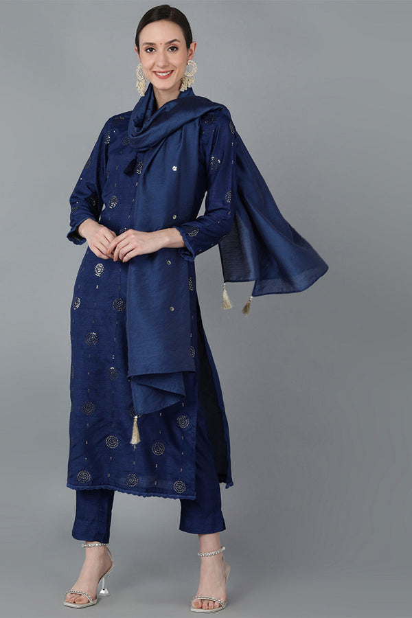 Navy Blue Silk Blend Solid Kurta Trousers With Dupatta | WomensFashionFun.com