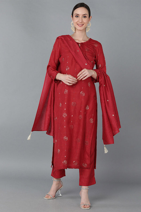 Red Silk Blend Solid Kurta Trousers With Dupatta | WomensFashionFun.com