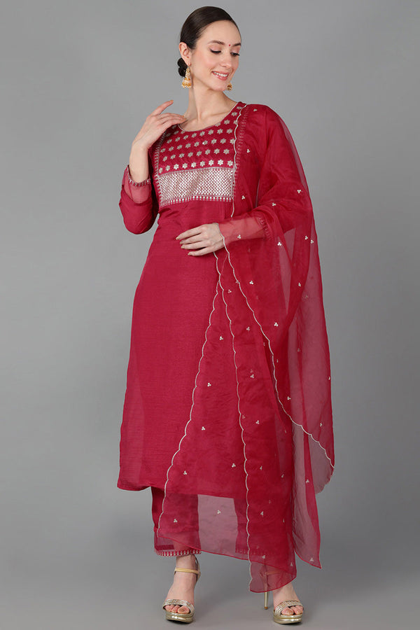 Fuchsia Poly Silk Straight Kurta Pant With Dupatta | WomensFashionFun.com