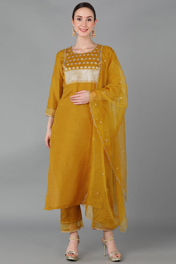 Mustard Poly Silk Straight Suit Set | WomensFashionFun.com