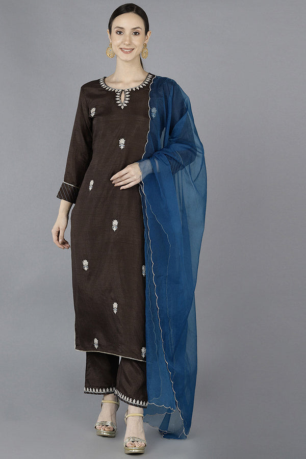 Grey Silk Blend Embroidered Kurta | WomensFashionFun.com