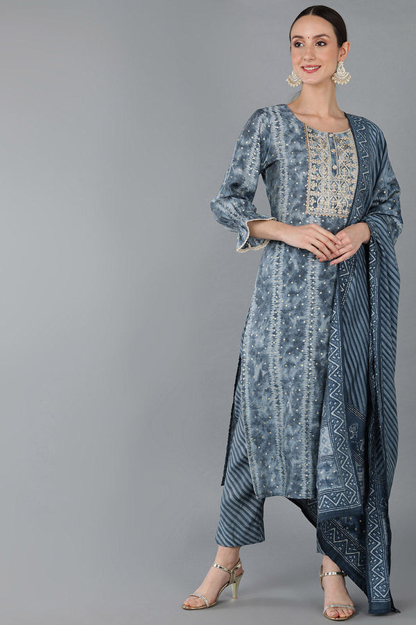 Charcoal Silk Blend Ethnic Motifs Straight Kurta Trousers With Dupatta | WomensFashionFun.com