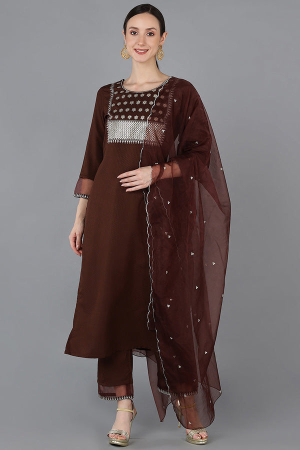 Brown Poly Silk Yoke Design | WomensFashionFun.com