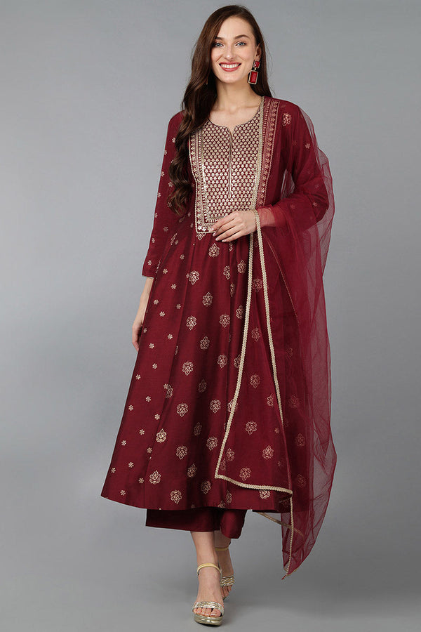 Maroon Silk Blend Woven Design Anarkali Suit Set | WomensFashionFun.com