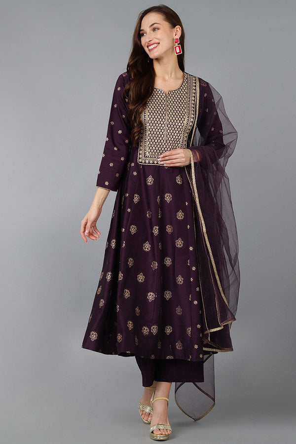 Purple Silk Blend Woven Design Anarkali Suit Set | WomensFashionFun.com